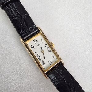 Seiko Gold Rectangular Watch with Black Leather Band